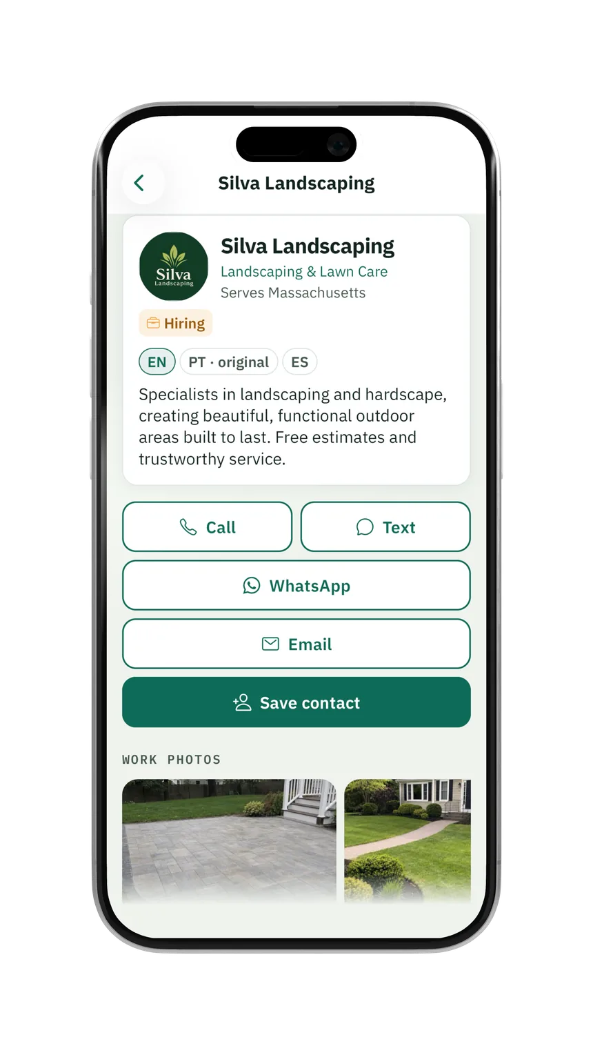A landscaping company’s page in the Ganavo directory, with call, text, and WhatsApp buttons