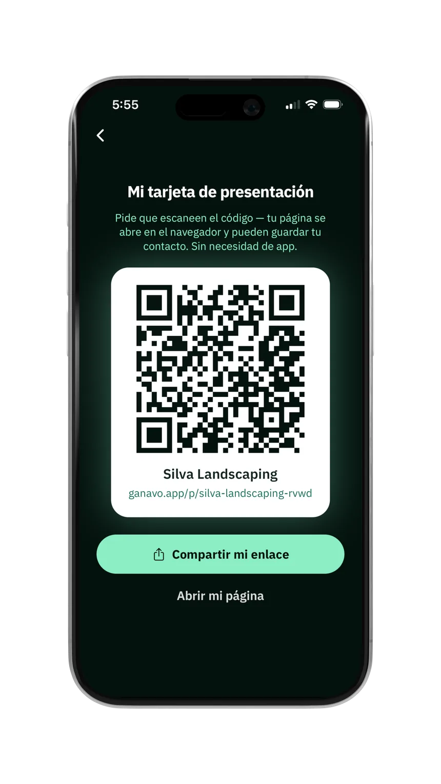 Tarjeta de presentación digital de Ganavo con código QR