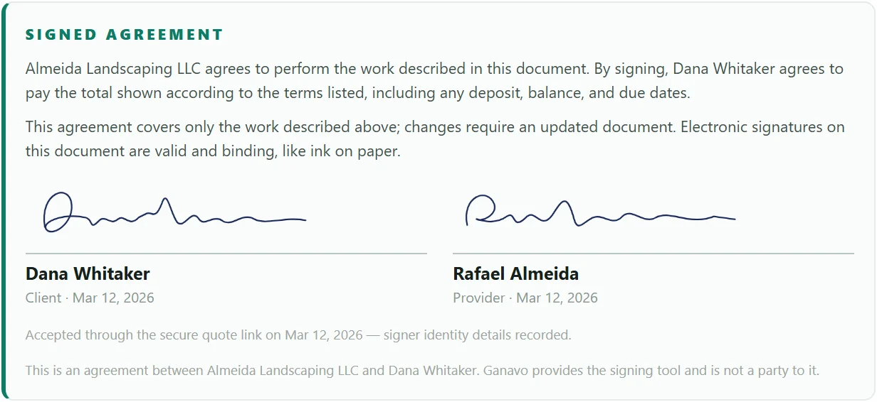 The quote’s signature block — client and provider both signed